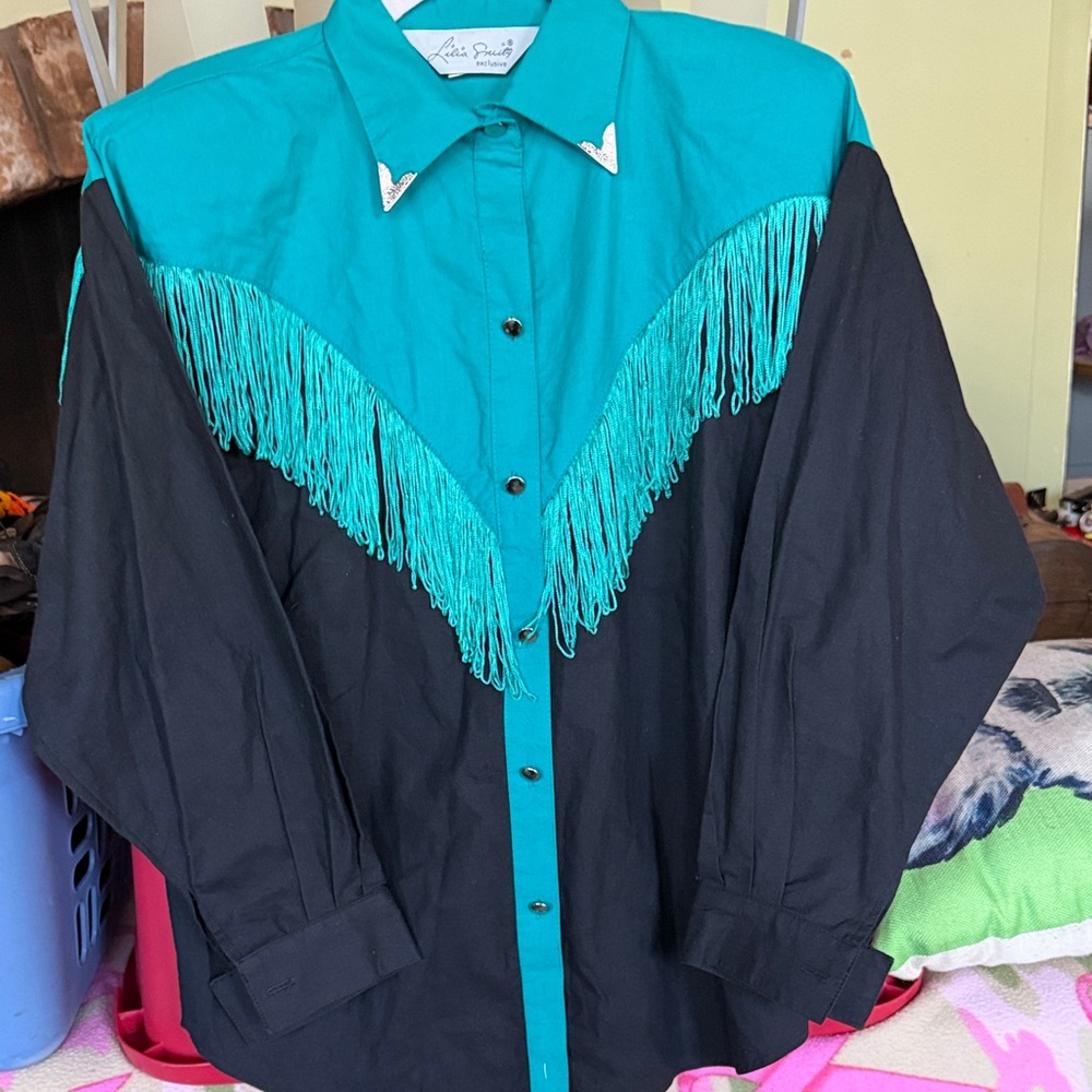Western Style Black and Teal Ladies Casual Button Down Shirt